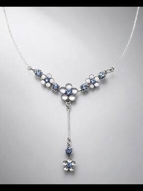 Vintage Silver Tone Blue Floral Y-Necklace